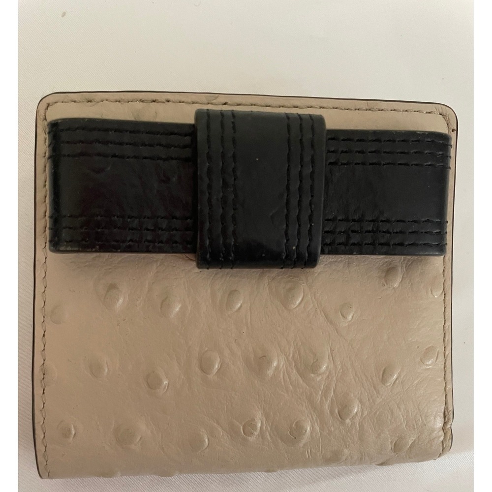 Kate Spade Ostrich Embossed Leather Bifold Wallet Beige Black Bow Detail #645